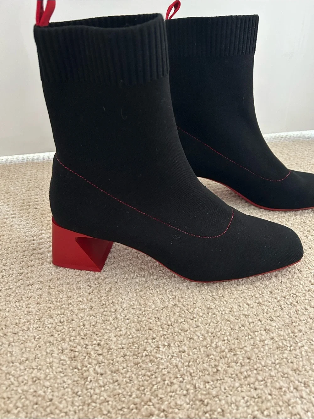 Vivaia Water-Repellent Square Toe Block Heeled Ankle Boots Red & Black Size 40